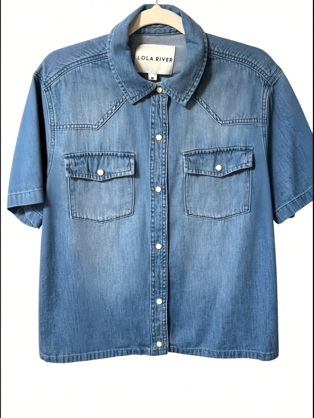 Lola River Denim Short Sleeve Button Up Shirt Women’s Medium Cotton Western
